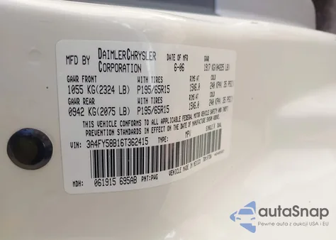 2006 Chrysler Pt Cruiser Touring from USA, damaged, VIN 3A4FY58B16T362415